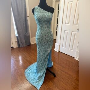 Elegant One-Shoulder Blue Lace Prom Dress